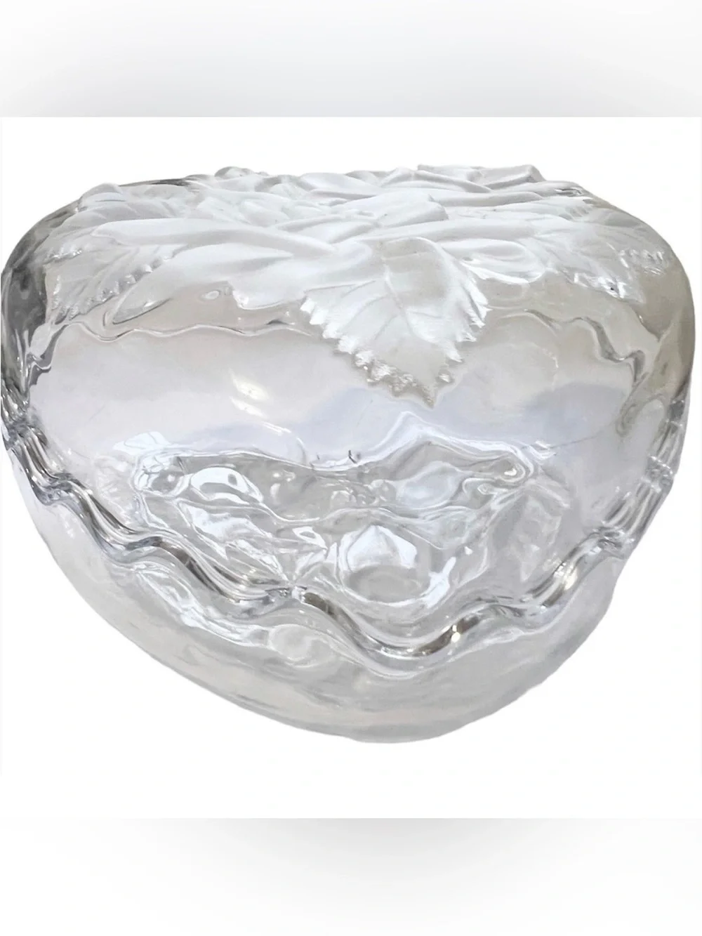 Clear Heart Shaped Trinket Dish Bowl With Lid Top Floral Design valentine's Day
